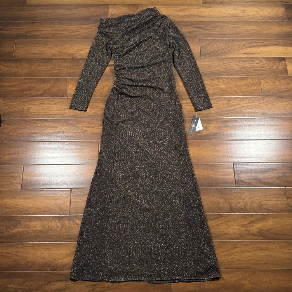Betsy & Adam Size 8 Gold Metallic Black Drop Shoulder Chloe Knit Gown Dress